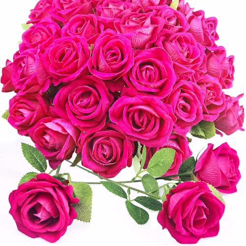 36 Pcs Hot Pink Rose Artificial Flowers Velvet Bouquet with Long Stem Real Touch Fake Roses Florals for Bridal Wedding Bouquet Party Arrangement Centerpiece Decorations - color: Hot Pink