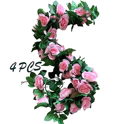 4 Pack Artificial Rose Vine Garland Fake Roses Flowers Plants Vines Hanging Floral Leaves Decoration for Wedding Party Table Garden Arch Wall Home Room Decor(Pink) - color: Pink, size: 【4 Pcs】
