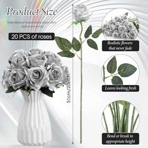 Hotop 20 Pcs Artificial Rose Flowers with Long Stem,Real Lifelike Silk Realistic Plastic Bouquet Roses Bulk for Home Decor Bridal Wedding Party Table Centerpieces Decorations (Silver) - color: Silver