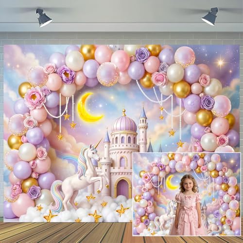 5X3ft Princess Castle Balloon Arch Backdrop Rainbow Clouds Unicorn Fairy Tale Photography Background for Birthday Wedding Baby Shower Cake Table Decoration Photo Booth Wall Decor Banner - color: Multi8, size: 5X3FT