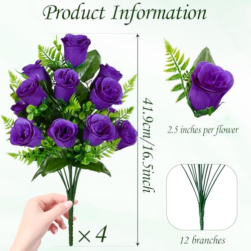 XONOR Artificial Rose Flowers - 4Bouquets Realistic Fake Silk Roses for Wedding Party Home Centerpieces Office DIY Cemetery Grave Decoration (Pack of 4, Purple) - color: Purple