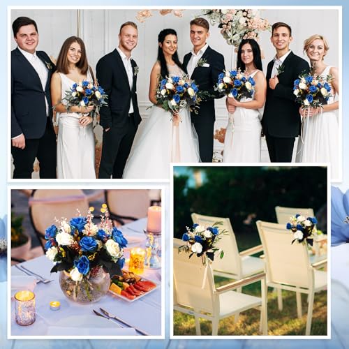 Hotop 12 Bunches of Artificial Flowers Centerpiece 13 Inches Silk Fake Roses Bouquets for Table Decoration Faux Arrangement Flowers for Wedding Cemetery Memorial Day (Dark Blue) - color: Dark Blue