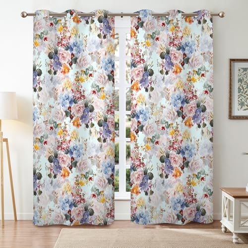 Renaiss Flower Blossom Curtains Watercolor Floral Painting Thermal Insulated Window Curtains for Living Room Bedroom Blackout Window Drapes Grommet Top 29W x 45L Inch 2 Panel Set - color: Watercolor, size: 29"W x 45"L (Pack of 2)