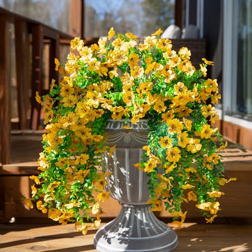 INSPRING Artificial Flowers Fall Faux Outdoor Outside Plants, 2 PCS Fake Silk UV Resistant Look Real Yellow Daisy Trailing Vines for Front Door Porch Planter Urn Patio Balcony Decoration - color: Yellow