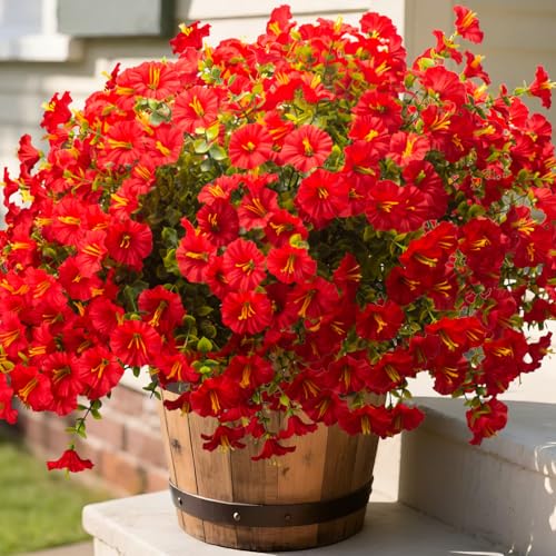 Grunyia 16PCS UV Resistant Artificial Morning Glory Flowers with Eucalyptus - Red Faux Silk Plastic Fake Plants for Outdoor Indoor Garden Porch Planter Window Box Wedding Home Decor - color: Red