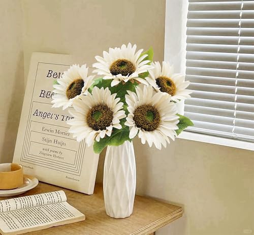 LILOCOO 5pcs Artificial Sunflowers Vintage Fake Silk Sunflowers Fake Bouquet Large Decor for Home Hotel Office Wedding Party Garden(White) - color: White