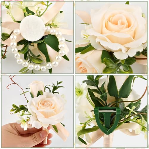 Artificial Rose Corsage & Wrist Corsage Set, Rose Wrist Flower Wristlet Bracelet Groom Best Man Boutonniere, for Prom Suit Decorations Wedding Party Flower Accessories(Color:Beige) - color: Beige