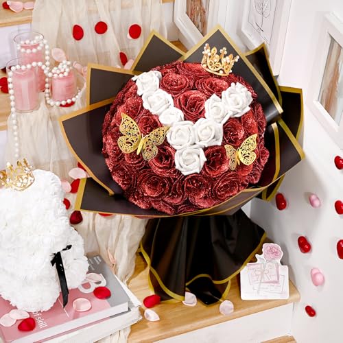 36+20 Glitter Roses Bouquet, DIY Fake Flowers Bouquet, Craft The Initials of Your Loves' Name with Artificial Rose Bouquet for Valentines, Anniversary, Wedding, Red & White - color: Red & White