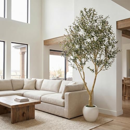 9ft Artificial Olive Tree with White Planter Included - Large Indoor Floor Plant with Natural Trunk and Fruit Accents for High-Ceiling Living Room and Hallway Corner - size: 9ft