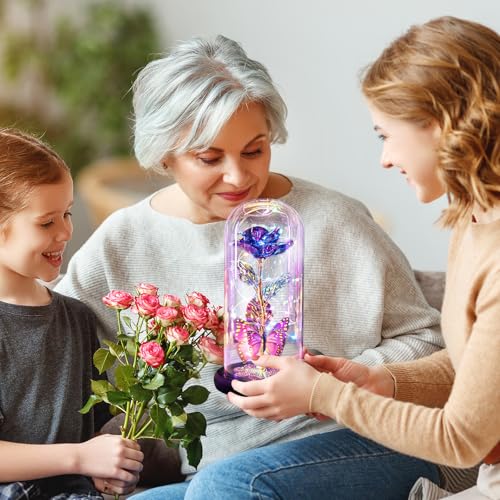 Mothers Day Mom Gifts for Mom Women Birthday Gift Galaxy Glass Rose in Glass Dome Forever Eternal Crystal Flowers with Butterfly Mother's Day Flower Gifts for Women Wife Grandma Daughter Sister Purple - color: A Purple