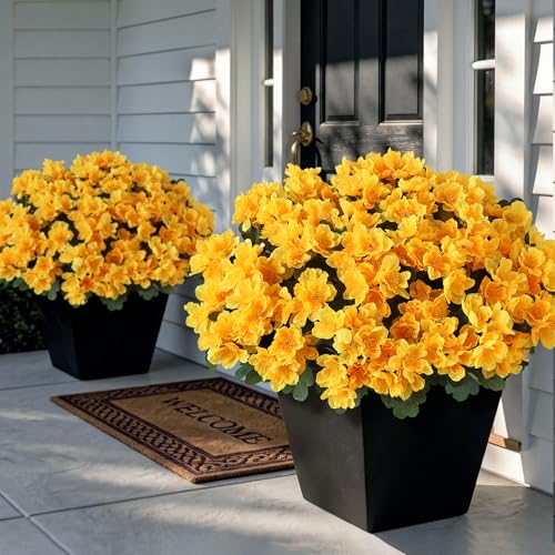 Juxdp 8 Bundles Artificial Camellia, Fake Silk Bouquet Flowers(Yellow) | Full＆Vibrant, Fade-resistant, UV-resistant＆Waterproof, for Front Door/Garden/Farmhouse/Outdoor/Home/Spring/Summer Decor - color: Yellow