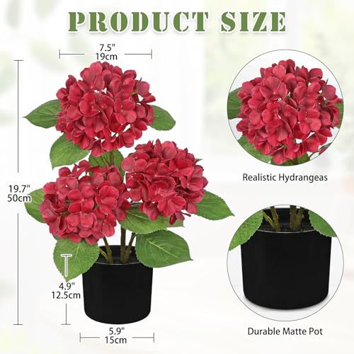 Hollyone Red Hydrangea Artificial Flowers Plant Potted 19.7" Faux Silk Burgundy Hydrangea Fall Flower Tree Arrangements for Home Bathroom Office Table Centerpiece Shelf Decorations - color: Red, size: 3 Head Hydrangea