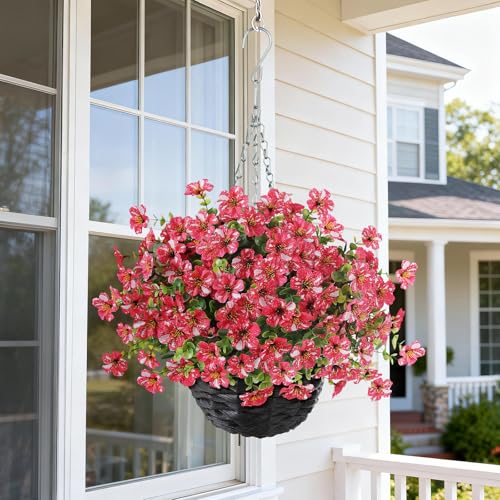 Artificial Flower & Eucalyptus with Hanging Basket - 2PCS Faux UV Sun Resistant Morning Glory in Planter, Fake Colorful Silk Flowers for Spring Summer Porch Patio Balcony Yard Decor (Rose Red) - color: Rose Red