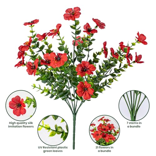 Lnoicy 20 Bundles Artificial Fake Flowers for Outdoor Faux Eucalyptus Flowers for Home Decoration,Fake Plants UV Resistant for Porch/Garden（Red） - color: Red