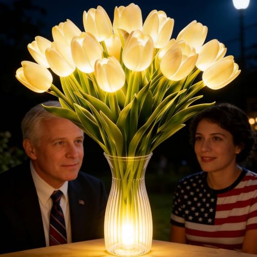 15pcs LED Lighted Artificial Flowers Tulip Lamp with Vase Real Touch Tulips Faux Flower Lights for Valentines Day Gift Easter Home Kitchen Wedding Dining Table Decor (White) - color: 15pcs White