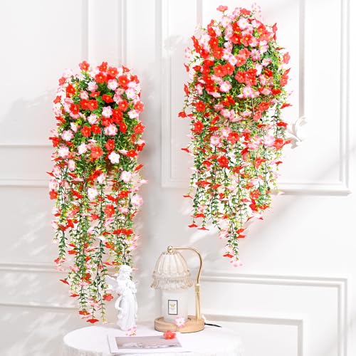 Waipfaru 4 Pcs Artificial Hanging Flowers for Outdoors, Fake Hanging Plants for Outdoor, UV Resistant Silk Faux Violet Flowers Spring Summer Decor for Planter Porch Patio Indoor Decoration, Red - color: Red