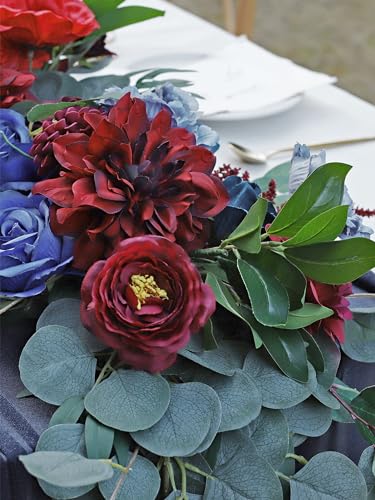 MISSPIN 9FT Eucalyptus and Willow Leaf Garland,Artificial Flowers Fake Flower Peony Rose Vine Greenery Decorative Wall Hanging Plant for Wedding Arch Door Arrangement Party Decor - color: Burgundy & Navy