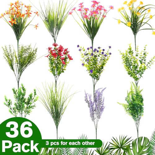 Hotop 36 Bundles Artificial Plants Flowers for Outdoor UV Resistant Greenery & Fake Wildflowers Faux Plastic Plant No Fade for Hanging Planter Porch Window Home Wedding Summer Decor(Classic Colors) - color: Classic Colors
