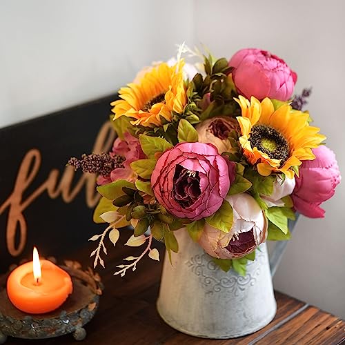 FiveSeasonStuff ''Country Cottage'' Silk Pink Peonies and Sunflowers Mix Flower Bouquet Artificial Flowers