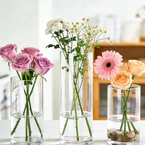 Flower Vase Acrylic Cylinder,Set of 3 Pcs, Clear Vase for Centerpieces,Wedding Decorative,Home Décor, Non Breakable Plastic, 7.86"+9.84"+11.8" Tall Round - Clear - size: Set of 3 - 3.94"x7.86", 3.94"x9.84", 3.94"x11.8"