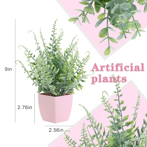 summer flower 2 Pack Small Fake Plants in Pink Pot Artificial Plant Eucalyptus Faux Potted Greenery Wheal Grass for Home Decor Indoor Bathroom Office Desk Shelf Bedroom Kitchen Cabinet Decorations - color: Pink-2