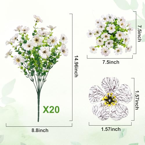 20 Bundles Artificial Flowers for Outdoors Decoration Fake Silk Flowers UV Resistant Faux Plants Artificial Daisy Eucalyptus for Spring Summer Garden Yard Porch Window Home Decor, White - color: White