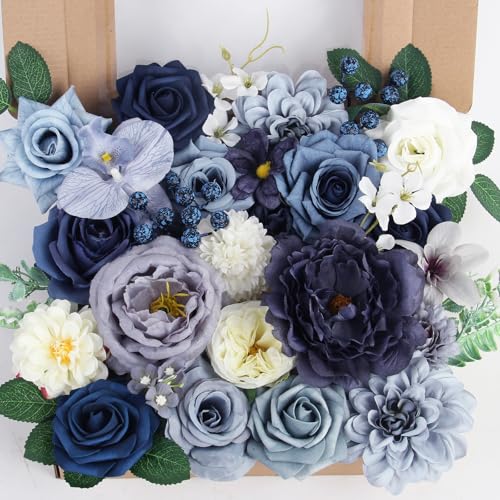 LELEE Fake Flowers Artificial Flowers Peonies Bulbous Chrysanthemum Daisy Hydrangea Sunflower Violets Dahlia Daffodils Epiphyllum Orchid Cherry Blossom Camellia Leyaron (Dusty Blue) - color: Navy Blue& Grey