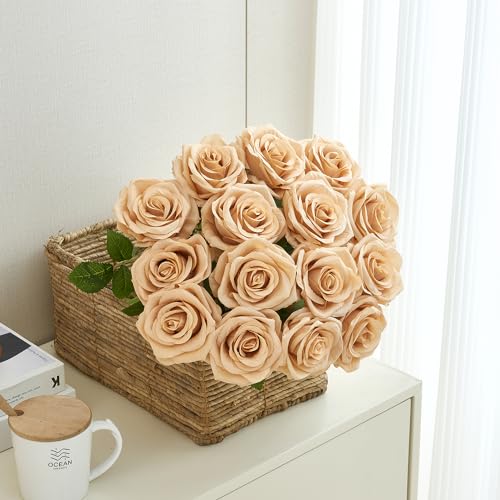 15pcs Fake Roses Artificial Silk Flowers Faux Rose Flower Long Stems Bouquet for Arrangement Wedding Centerpiece Party Home Kitchen Decor - color: 15pcs Beige