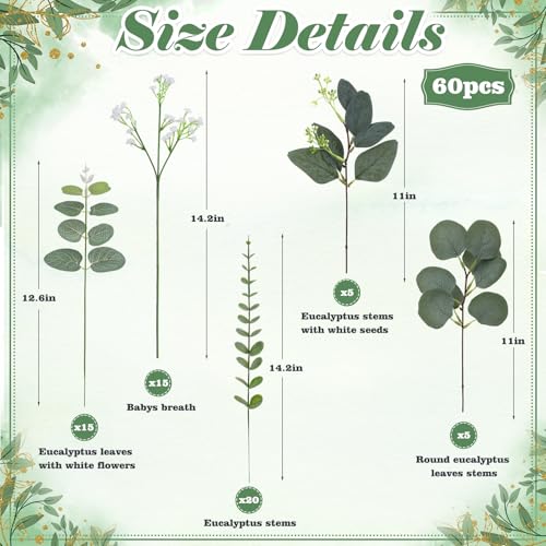 60 Pcs 5 Kinds Mixed Eucalyptus Leaves Stems Artificial Eucalyptus Leaves Bulk Silver Dollar Faux Greenery Picks for Wedding Vase Bouquet Centerpieces Decor - size: 60 Pcs