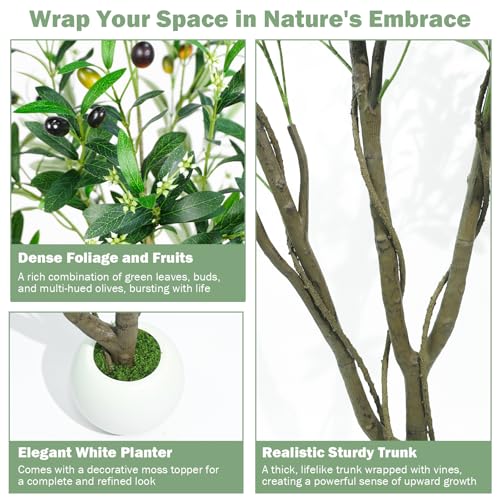 Caxchiling Artificial Olive Tree 5FT, Fake Tree for Indoor Outdoor, Lifelike Faux Large Floor Plants with Heavy Trunk with Vines and Ball-Shaped Pot, Home Office Living Room Bedroom Front Door Decor - color: Olive, size: 5ft
