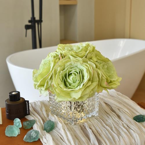 Artificial Rose in Glass Vase Vintage Silk Flower Arrangement with LED Light for Table Centerpiece Home Wedding Decoration (Apple Green) - color: Apple Green