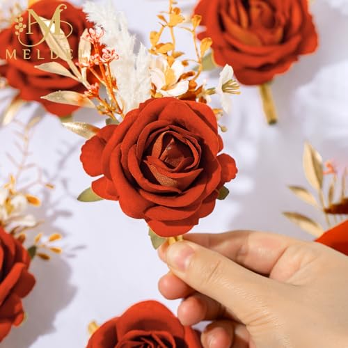 Burnt Orange Velvet Rose Boutonniere for Men,Set of 6,Groom and Best Man Boutonnieres with Artificial Flower,for Wedding Ceremony Anniversary, Dinner Party, Fall Vintage Rustic Marriage Prom - color: 6pcs Orange Boutonnieres