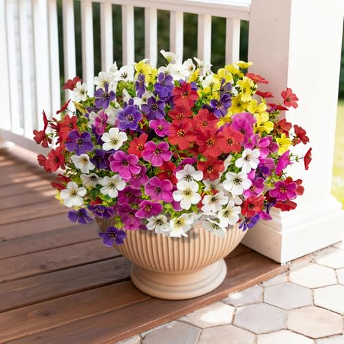 20 Bundles Artificial Flowers for Outdoors, Fake Violet Flowers Silk Realistic UV Resistant Faux Artificial Plants Outdoors for Window Box Garden Patio Front Porch Home Indoor Outside Decorations - color: Purple Fuchsia White Yellow Red