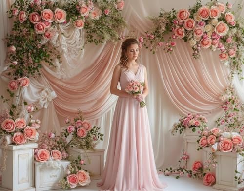 Kate 8x8ft Wedding Backdrop Curtain Pink Floral Decor for Ceremony Photography Background Romantic Bridal Shower Party Photo Booth Props with Rose Garland Drapes - size: 8x8ft
