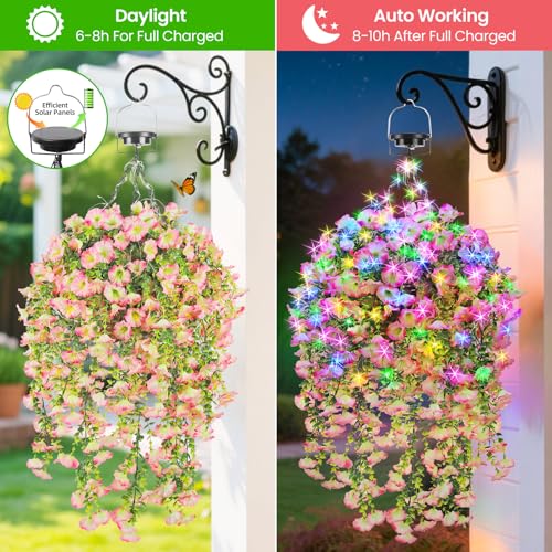 GOESWELL Outdoor Hanging Artificial Flowers Basket: Fake Plants Hanging Basket with Solar String Lights for Home Garden Enthusiasts- Realistic Faux Silk Flower Baskets for Porch Wall Patio Tree Decor - size: 10inch, style: morning glory - pink white