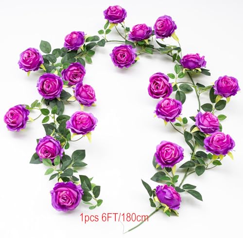 2Pcs 12Ft Bendable Artificial Flower Garland Faux Rose Vine Hanging Floral Garland for Wall Decor Trellis Fence Home Room Garden Wedding Decoration(Purple) - color: Purple, size: 2pcs