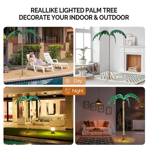 VINGLI 7FT Lighted Palm Tree, Outdoor Artificial Palm Tree with Lifelike Leaves and Rope LEDs for Outside Patio Pool Yard Holiday Decor - size: 7ft 3in