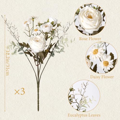 Artificial Roses Flowers 3 Pack Vintage Roses White Flowers Small Silk Rose Bouquet with Daisy Flowers Faux Floral Arrangements for Vase Centerpiece Table Wedding Party Bridal Decor - color: Cream White, size: 3PCS