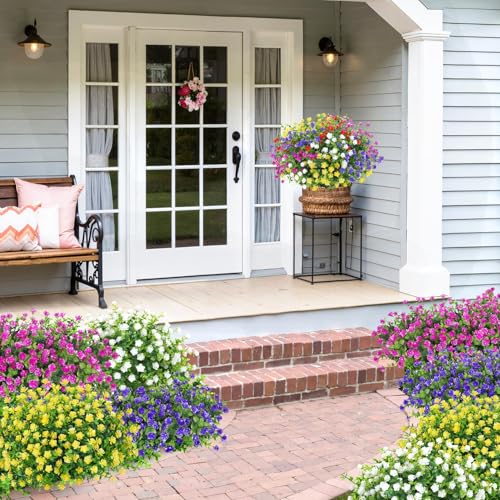 Bassion 20 Bundles Artificial Flowers for Outdoors, UV Resistant Faux Plants Outdoor Indoor Fake Flowers Plastic Greenery Shrubs Eucalyptus Stems for Garden Fence Patio Window Box Porch Pot Decor - color: Mix