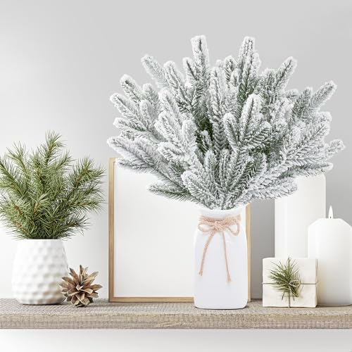 Sggvecsy 15 Pcs Snow Frosted Artificial Pine Branches Christmas Snowy Pine Needles Fake Greenery Pine Spray Picks for DIY Crafts Garland Wreath Xmas Embellishing Home Holiday Decoration