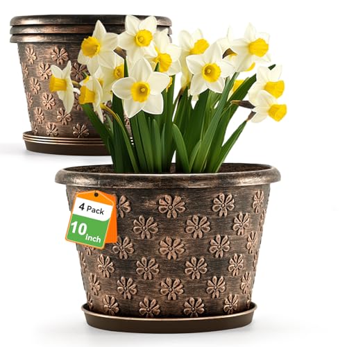 10 Inch Planter Pots for Plants, 4 Pack Plastic Large Flower Pots Indoor Outdoor, Resin Plant Pot with Drainage & Saucer, Retro Decorative Garden Pot with Removable Trays for House - color: 10 Inch