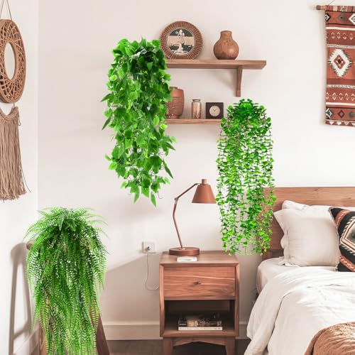 Daifunli Artificial Hanging Plants Fake Hanging Ferns Plastic Fake Plants for Wall Room Garden Garland Indoor Outdoor Decor No Basket (4 Pcs,Boston, Eucalyptus, Ivy Vine, String of Pearls) - style: Boston, Eucalyptus, Ivy Vine, String of Pearls
