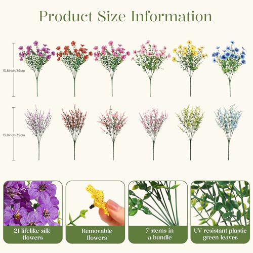 SHareconn 24 Bundles Artificial Flowers for Outdoors Decoration, Faux Plants Fake Silk Colorful Daisy Eucalyptus Lavender, UV Resistant for Outside Home indoor Spring Decor,RedRosyPurpleBlueYellowPink - color: Redrosypurpleblueyellowpink