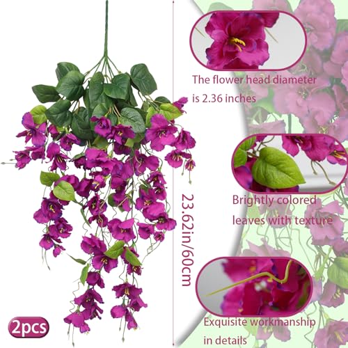 2 Pcs Fake Hibiscus Flowers Artificial Hanging Flowers Plants for Outdoors Realistic UV Resistant Spring Summer Decor Fuchsia Silk Faux Flowers Trailing Vines for Front Door Porch Outside - color: Fuchsia