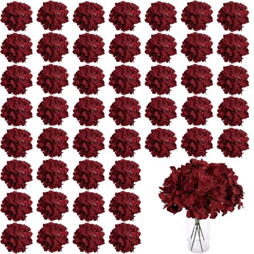 WEISPARK 100PCS Artificial Hydrangea Flowers, Fake Flowers Silk Hydrangea Full Flowers Heads with Stems for Wedding Home Party Shop Baby Shower Decor (Burgundy) - color: Burgundy