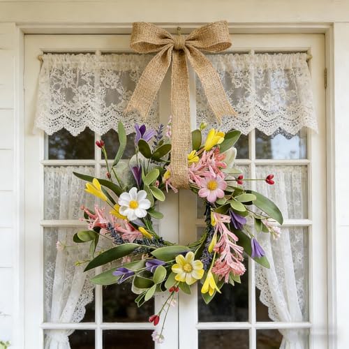 6 Pcs Small Spring Hanging Wreaths for Cabinets with Pink White Daisy Flower Mini Artificial Purple Wild Flower Summer Floral Candle Rings Wreath for Home Kitchen Front Door Window Porch Wall Wedding - color: Spring
