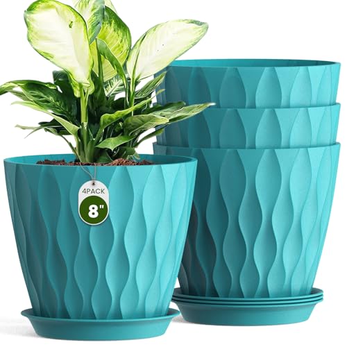 8 Inch Wave Plant Pots with Drainage Holes & Saucers, 4 Pack Modern Textured Medium Planters for Indoor Outdoor Plants, Decorative Flower Pots Repotting Set for Flowers, Herbs (Blue) - color: Blue