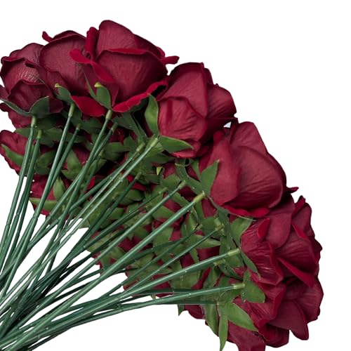 FagusHome 30 Pcs Silk Rose Artificial Flowers Roses Bulk Bouquet Fake Flowers Rose Heads with Stems for Home Wedding Decor (Dark Red) - color: Dark Red