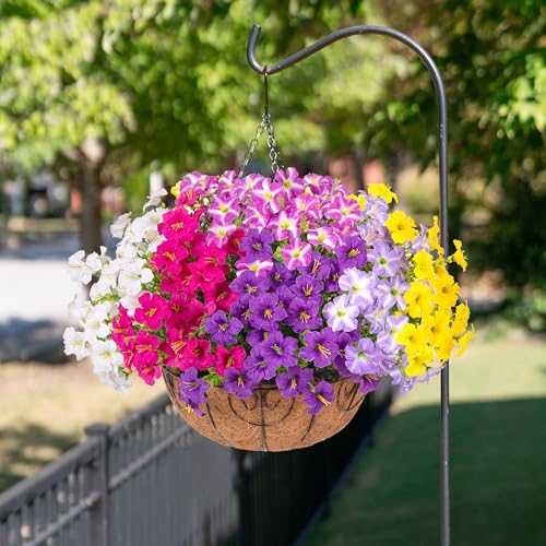 INSPRING Artificial Fake Hanging Plants Flowers Basket for Outdoors, UV Resistant Faux Hanging Silk Morning Glory in Planter Look Real Petunias for Outside Patio Porch Balcony Garden Decor, 6Mix - color: 6 Mixcolors