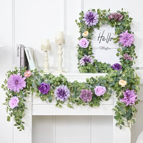 Waipfaru 2 Pcs Flower Garland, 6Ft Eucalyptus Garland with Flowers, Rose Floral Vines for Wedding Reception Table Mantle Room Spring Summer Decor (Purple) - color: Purple-6.07ft, size: 2 Pack